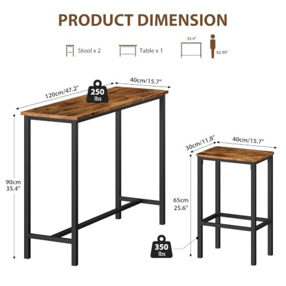Zevemomo 3 Piece Dining Table Set, 47.2" Bar Table and Chairs Set | Counter Height Bar Table with Stools, Dining Pub for 2, Narrow High Top Pub Table Set for Small Spaces, Kitchen Living Room