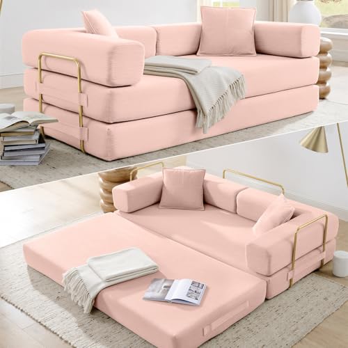 HANXIN Convertible Sleeper Sofa Bed, 78 Inch Folding Floor Mattress Couch with Fixed-Shape Frame, Futon Boneless Couch Lounge Loveseat with Pull Out Bed, No Assembly Required, Pink - color: Pink, size: 78" Loveseat Sofa Bed