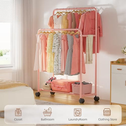 Simple Trending Clothing Clothes Rack, Double Rod Garment Rack, Pink | Portable Closet with Bottom Shelf, Anti-Slip Stoppers, 360° Lockable Wheels, Multiple Uses, Bedroom, Laundry Room - color: Pink