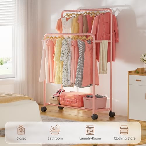 Simple Trending Clothing Clothes Rack, Double Rod Garment Rack, Pink | Portable Closet with Bottom Shelf, Anti-Slip Stoppers, 360° Lockable Wheels, Multiple Uses, Bedroom, Laundry Room - color: Pink