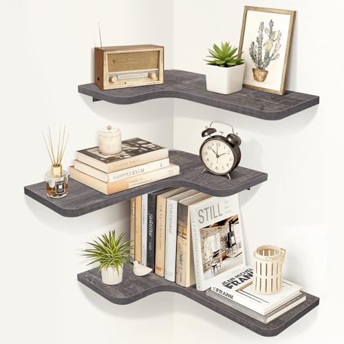 Corner Shelves Wall Mounted, Set of 3 Floating Corner Shelves with Cord Hole, 3 Tier Wooden Hanging Shelves for Storage and Display, for Bathroom Kitchen Living Room, Rustic Grey - color: Rustic Grey