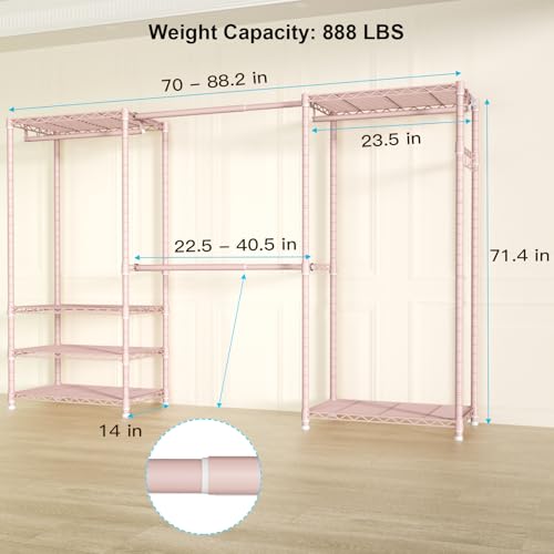 E1 Heavy Duty Closet Garment Rack, 6 Tiers Expandable Clothing Storage | Pink Adjustable Metal Freestanding Clothes Rack with 4 Hanger Rods, Easy-to-Assemble Wardrobe - color: Pink