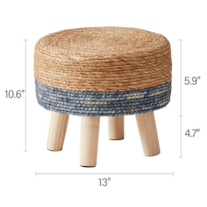 Cpintltr Foot Stool Natural Seagrass Hand Weave Poufs Round Ottoman for Couch Desk Soft Step Stool Padded Foot Rest with Non-Skid Pine Legs for Hallway Office Lounge Natural/Blue - color: Blue