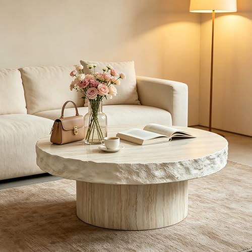 31.69" Modern Concrete Coffee Table with Base (31.69" x 12.99") | Center Table, Concrete Coffee Table, Travertine Accent Table, Living Room Furnitures, Mars Pattern - color: Mars,ø31.69" X 12.99"
