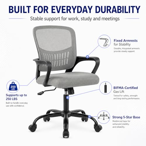 Ergonomic Office Chair, Home Office Desk Chair, Game Chair with Lumbar Support, Breathable Mesh Chairs, Swivel Desk Chairs for Computer, Home, Office, 360° Swivel (Grey) - color: Grey With Fixed Armrest