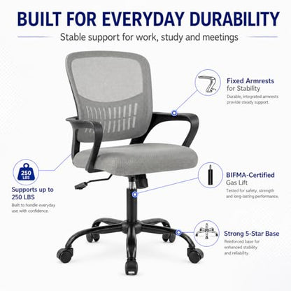 Ergonomic Office Chair, Home Office Desk Chair, Game Chair with Lumbar Support, Breathable Mesh Chairs, Swivel Desk Chairs for Computer, Home, Office, 360° Swivel (Grey) - color: Grey With Fixed Armrest