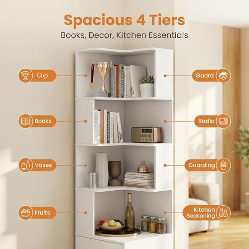 4 Tier Corner Bookshelf with Drawers, L Shaped Freestanding Corner Bookcase with LED Lights and Baffle, Space Saving Display Shelf for Living Room, Bedroom, Home Office, Kitchen(White) - style: White-with drawers