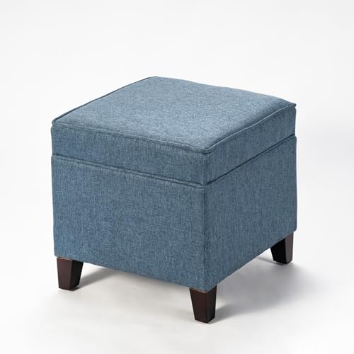 Linen Storage Ottoman with Wooden Legs, 17" Square Upholstered Flip-Top Footrest Stool, Extra Seat or Coffee Table for Living Room, Bedroom, Entryway, Blue - color: Blue