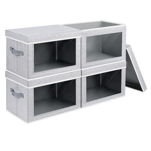 Foldable Storage Bin with Lid - Closet Storage Organizer with Window, Storage Bins with Lids for Clothes, Fabric Storage Baskets for Shelves, Bedroom, Dorm, Light Grey, 4 Pack - color: Blended, size: L(4-Pack)