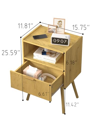 Nightstand,Modern Bedside Table with Storage Drawer and Open Wood Shelf, for Living Room, Bedroom and Small Spaces, Accent Night Stand with Solid Wood Legs, Easy Assembly,Vintage Yellow Oak - color: Vintage Yellow Oak