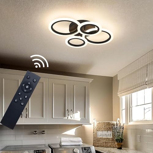 Shine LUEST 34W Modern LED Ceiling Light, 3000K-6000K Dimmable Ceiling Lighting Fixtures Ceiling Mount 4 Rings Black LED Chandelier Bedroom Lights Flush Mount with Remote for Kitchen, 2720LM - color: Black, 4 Rings