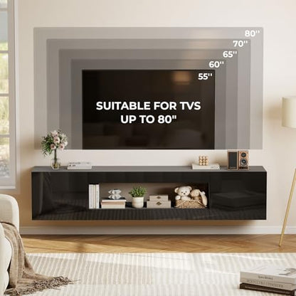 BREEZEHEAT 70'' Floating TV Stand, Wall Mounted TV Cabinet, High Glossy Entertainment Center-Modern Media Console Fits 65-80 Inches TV for Living Room/Bedroom, Remote Control, Black - color: Black