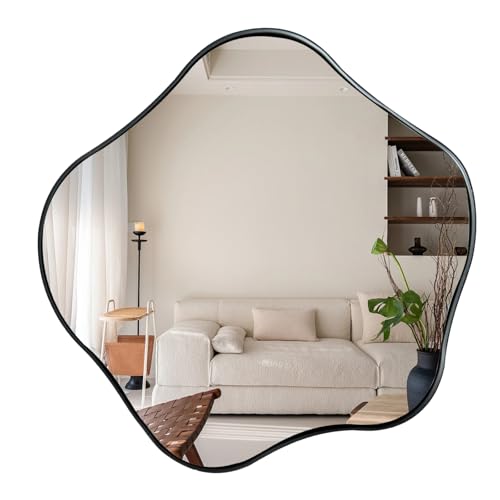 Scalloped Irregular Mirror, 16" Asymmetrical Art Deco Wall Mirror with Black Metal Frame, Wavy Decorative Accent Mirrors for Entryway Bedroom Living Room, Horizontal or Vertical Hanging - color: Black, size: 16"L x 16"W