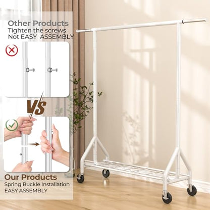 HYSEYY Heavy Duty Clothes Rack Load 450 LBS, Metal Garment Rack, Standing Rolling Clothing Rack for Hanging Clothes with Sturdy Wheels & Shelves, Portable Closet Wardrobe Rack,White - color: White