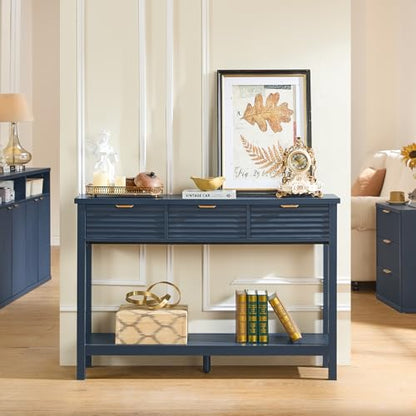 LEYAOYAO 47.2" Fluted Console Table with 3 Drawers, Blue Entryway Table | Modern Wood 2 Tier Entry Table, with Open Storage Shelf, Farmhouse Sofa Table Behind Couch, for Living Room, Hallway, Foyer - color: Dark Navy Blue