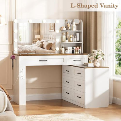 Farmhouse Makeup Vanity Desk, Vanity 6-Drawer Dresser Combo, Antique White | Large Make Up Dressing Table, with Mirror and Lights, Glass Top, 8 Drawers, Charging Station, Open Storage, for Bedroom