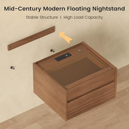 Floating Nightstand Set of 2with Charging Station and LED, Brown | Wall Mounted with Touch Control Light, Fluted Glass Drawer, Bedside Table for Small Spaces, Easy Assembly