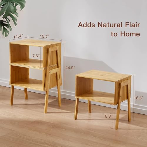 Pipishell Nightstands Set of 2, Bamboo Stackable Bedside Table, Night Stands with Storage Shelf, Small Bed Side Tables, 2-Tier End Table for Bedroom, Dorm and Small Space Storage (Natural)