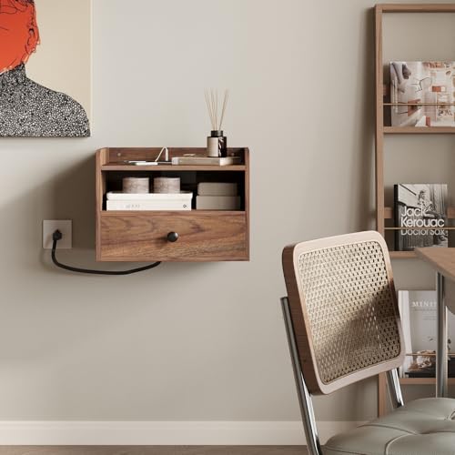 Floating Nightstand Set of 2 Modern Night Stands with Drawer and Open Shelf | Cubby Small Bedside End Table with Charging Station Wall Mounted Nightstands Set 2 for Bedroom Brown Walnut - color: Brown