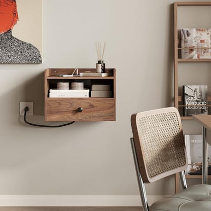 Floating Nightstand Set of 2 Modern Night Stands with Drawer and Open Shelf | Cubby Small Bedside End Table with Charging Station Wall Mounted Nightstands Set 2 for Bedroom Brown Walnut - color: Brown