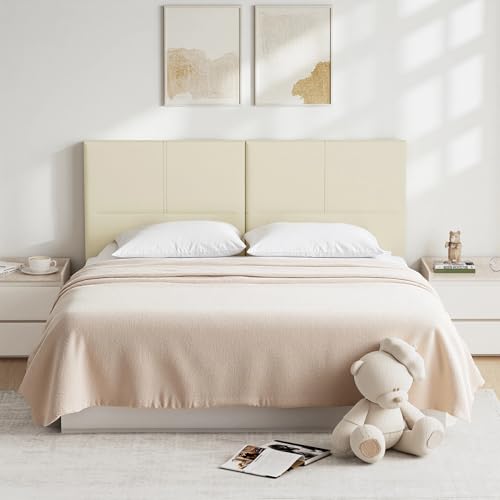 Upholstered Headboard Queen Size, Solid Wood Head Board with Sturdy Metal Legs, Leather Bed Headboard with Height Adjustable, Beige - color: Beige Gray, size: Queen