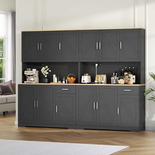 Gyfimoie 71’’ Farmhouse Kitchen Pantry Cabinet, Tall Storage Cabinet with Power Outlet, Freestanding Hutch with Drawer, 4 Adjustable Shelf & 6 Doors for Kitchen Living Room (Black) - color: Black