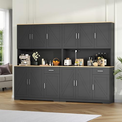 Gyfimoie 71’’ Farmhouse Kitchen Pantry Cabinet, Tall Storage Cabinet with Power Outlet, Freestanding Hutch with Drawer, 4 Adjustable Shelf & 6 Doors for Kitchen Living Room (Black) - color: Black