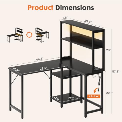 Sweetcrispy 43" Computer Desk, L Shaped Corner Gaming Desk, Power Outlet | Reversible Corner Computer Table, Adjustable Shelf CPU Stand, CPU Stand Hook, Home Office, Black - size: 43 Inch