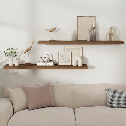 Fun Memories Floating Shelves for Wall, 48 Inch Long Set of 2 Rustic Wood Wall Shelves with Invisible Brackets, Heavy Duty Storage Display for Living Room Bedroom Kitchen, Walnut - color: Walnut Brown, size: 48"W x 8"D, Set of 2