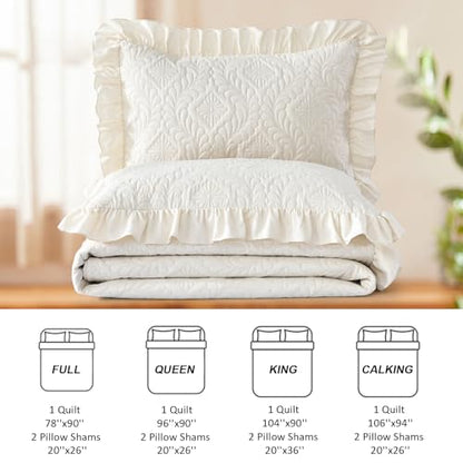 DJY Quilts Queen Size, Ruffled Reversible Bedding Set, Beige | Lightweight Soft Coverlet, Embossed Quilted Blanket Quilt Bed Cover for All Season, 96''x90''(1Quilt, 2 Pillow Shams) - color: Beige, size: Queen