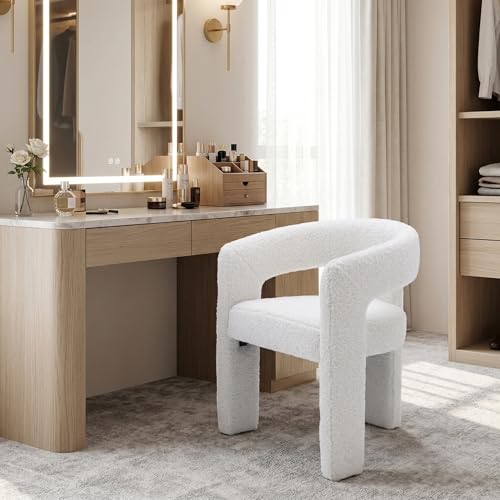 HNY Modern Sherpa Barrel Single Dining Chair, White | Upholstered Accent Armchair With 18.24" Wide Seat No Assembly Required For Living Room Bedroom Vanity Small Spaces - color: White Fur