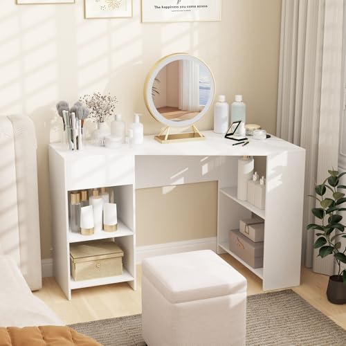 Tangkula White Desk with Storage Drawer & 4 Shelves, Space Saving Corner Desk for Small Spaces, Modern Home Office Laptop Workstation, Writing Study Table, Vanity Table for Bedroom (White)