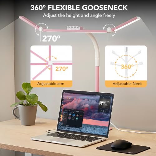 LED Desk Lamp for Home Office with Base, 28.2" Adjustable Gooseneck Swing Arm Bright Desk Light, Dimmable Architect Table Lamp for Desktop Computer Light, Reading, Study, Workbench（Pink） - color: Pink