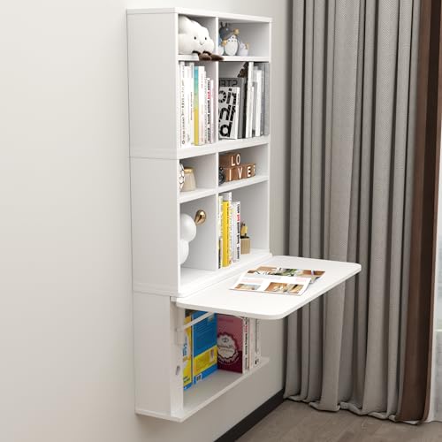 Floating Desk with Storage Shelves, 81'' Wall Mounted Desk Laptop Writing Study Table, Folding Drop Leaf Table, Multifunctional Computer Workstation for Narrow Small Space