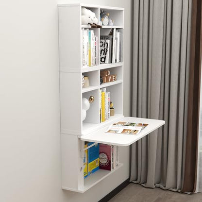 Floating Desk with Storage Shelves, 81'' Wall Mounted Desk Laptop Writing Study Table, Folding Drop Leaf Table, Multifunctional Computer Workstation for Narrow Small Space