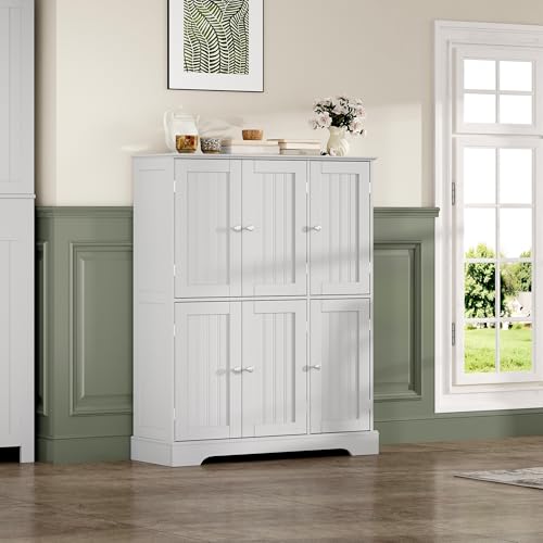 ChooChoo Bathroom Floor Cabinet with 6 Doors and Adjustable Shelves | Modern Bathroom Storage Cabinet, Freestanding Cupboard for Living Room, White - color: White, size: 11.81"D x 34.69"W x 43.5"H