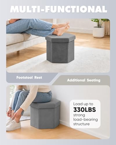 B FSOBEIIALEO Storage Ottoman Cube Hexagonal Pouf Ottomans, Foot Rest Seat for Sofa Footrest Entryway Shoe Footstool for Living Room/Bedroom/Entrway Velvet Grey 16.93"x15"x15" - color: Grey