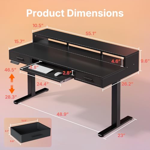 HUANUO 55″ x 26″ Electric Standing Desk with 2 Drawers &24.4″ Large Keyboard Tray, C-Clamp Mount Compatible, Adjustable Computer Desk for Office, Sit Stand Up Desk with 4 Height Presets, Black - color: Black, size: 55*26 inch
