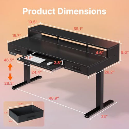 HUANUO 55″ x 26″ Electric Standing Desk with 2 Drawers &24.4″ Large Keyboard Tray, C-Clamp Mount Compatible, Adjustable Computer Desk for Office, Sit Stand Up Desk with 4 Height Presets, Black - color: Black, size: 55*26 inch