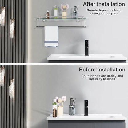 20-Inch Tempered Glass Bathroom Shelf with Towel Bar - Brushed Nickel & Stainless Steel, Wall Mount Rustproof Tower Holder with Shelves - color: Brushed Nickel, size: 20-inch with Railing