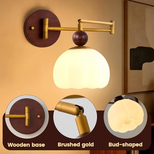 Swing Arm Wall Sconce, Hardwired Mid Century Modern Adjustable Sconce with Gold Metal Swing and Flower Shade, Retro Farmhouse Wall Mount Light for Bedroom Bedside Reading Living Room Hallway