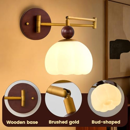 Swing Arm Wall Sconce, Hardwired Mid Century Modern Adjustable Sconce with Gold Metal Swing and Flower Shade, Retro Farmhouse Wall Mount Light for Bedroom Bedside Reading Living Room Hallway