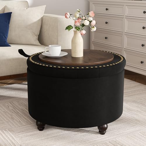 24 Inch Round Storage Ottoman,Modern Tufted Ottomans,Circular Coffee Table with Removable Top,Upholstered Large Ottoman with Storage Footrest Stool for Bedroom Living Room (Black) - color: Black, size: 24"D x 24"W x 16.9"H