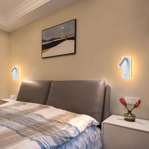 MOLUOLA LED Wall Lamp Wall Mounted Reading Lights Set of 2, Adjustable Headboard Plug in Wall Sconce with USB C+A Ports, Headboard Bedside Lamp with 9W+3W Night Light 3000K (White) - color: White, size: 2 Pack