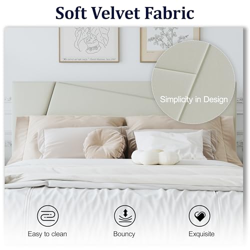 Queen Size Upholstered Bed Frame Frame with Headboard，Velvet Beige | Geometric Head Board Platform Bed, Sturdy Wooden Slats, Noiseless No Box Spring Required, Easy to Assemble - color: Beige, size: Queen