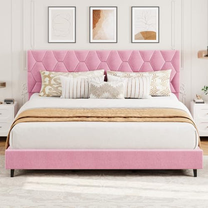 GAOMON Bed Frame with Upholstered Headboard, Heavy-Duty Platform Bed Frame with Strong Wood Slats, No Box Spring Needed/Noise Free/Easy Assembly,King,Pink | Heavy-Duty Bed Frame with Wooden Slats Support Upholstered Mattress Foundation No Box Spring Neede