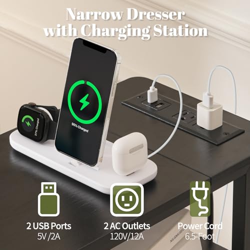 Yoobure LED Narrow Nightstand with Charging Station - Slim Dresser for Bedroom Narrow Side Table Storage Cabinet, Small Dressers Chest of Drawers, Tall Skinny Night Stand End Table for Small Spaces - color: Deep Black