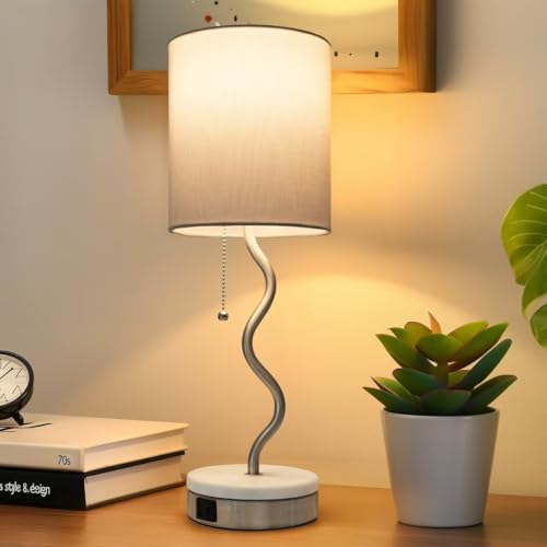 Marble Base Table Lamp - Modern Bedside Lamp with USB Port & Pull Chain, Lamp for Bedroom, Living Room, or Office - Elegant Marble and Metal Design - color: Silver+Marble