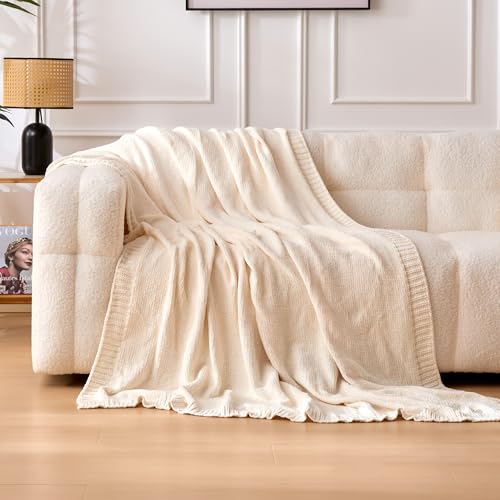 Amazon Basics Chunky Chenille Knit Throw Blanket for Couch, Bed and Sofa, Soft and Warm Lightweight Jersey, 60"×80", White - color: White, size: 60×80in.