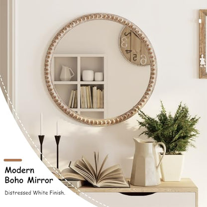 COZAYH Distressed Wood Frame Accent Mirror, Rustic Farmhouse Style Decorative Wall Mirror (Round) - size: 29.2"L x 1"W
